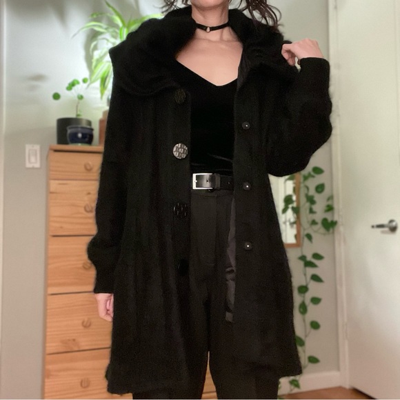 Cozy Black Angora Wool Sweater Coat with Giant Hood and Pockets Very Warm - M - Picture 9 of 12